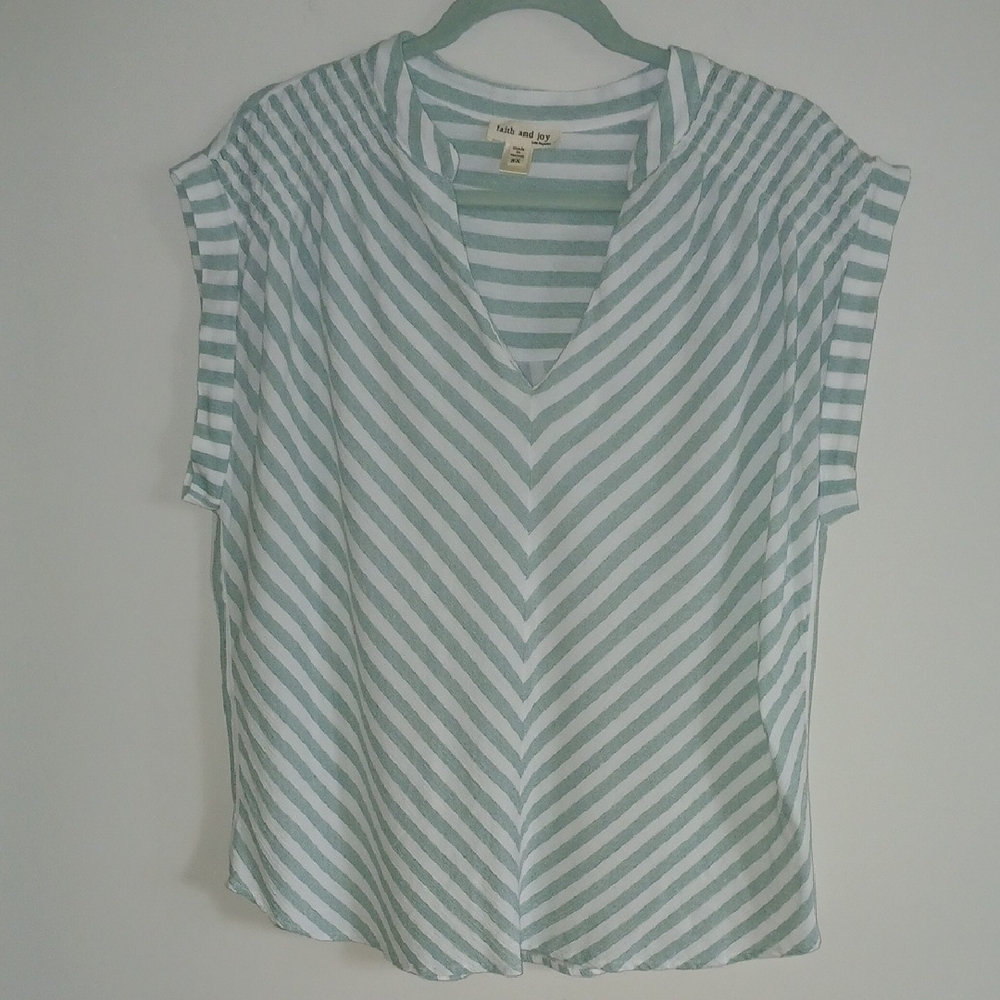 Faith & Joy Green and White Striped Blouse 3X